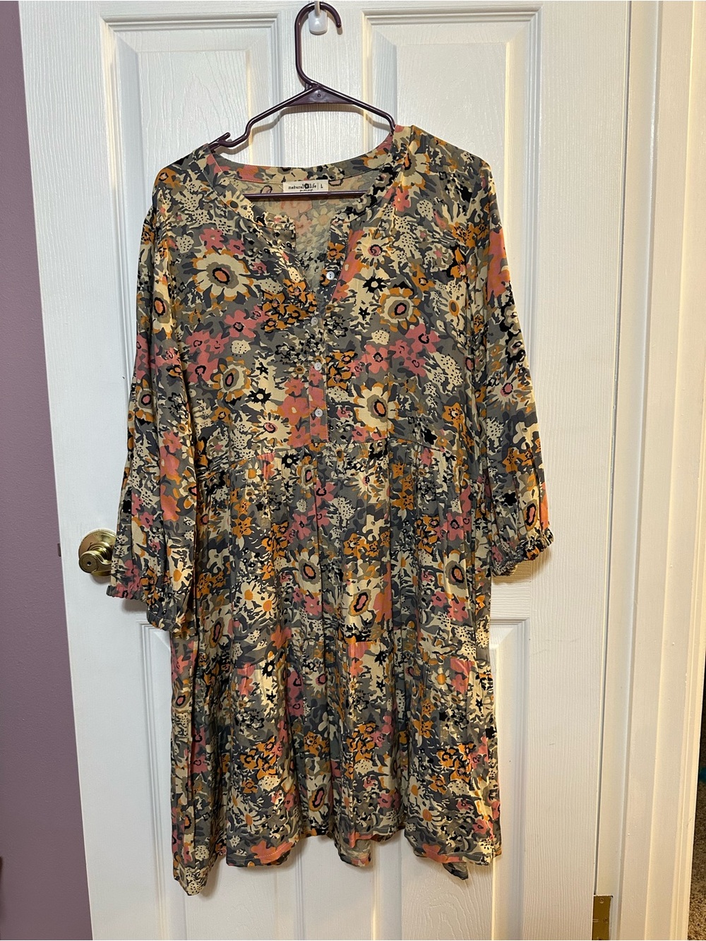 Natural Life Large Floral Tiered V-Neck Tunic Dress in Multicolor